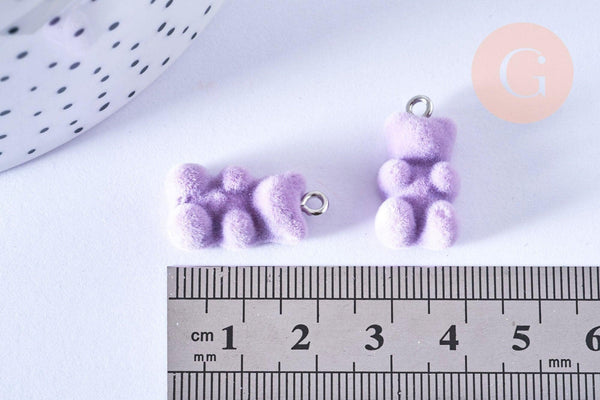 Pendentif ourson floqué velours violet résine platine 22mm, pendentif enfance régressif, x2 (G6901)