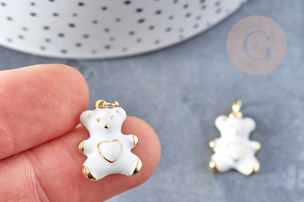 Pendentif ourson laiton doré 16K résine blanche 18mm, pendentif laiton , bijou d'enfance,x1 G8555