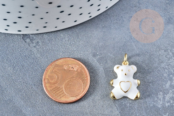 Pendentif ourson laiton doré 16K résine blanche 18mm, pendentif laiton , bijou d'enfance,x1 G8555