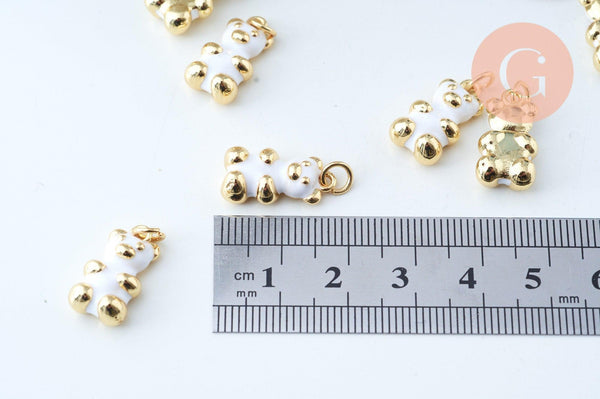 Pendentif ourson laiton doré 18K résine blanche 17.5mm, pendentif laiton jouet, x1 G6002