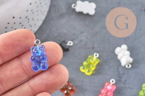 Pendentif ourson résine colorée platine 21mm, x10 (G4987)