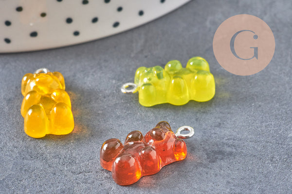 Pendentif ourson résine colorée platine 21mm, x10 (G4987)