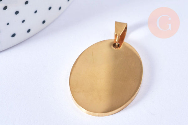 Pendentif ovale acier doré à graver 36mm, x1 (G6881)