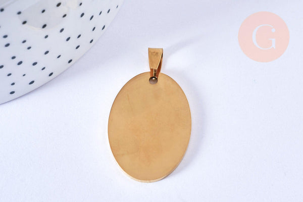 Pendentif ovale acier doré à graver 36mm, x1 (G6881)