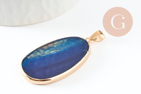 Pendentif ovale agate bleue naturelle 43mm, x1 (G1381)