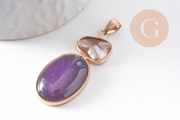 Pendentif ovale agate naturelle colorée et perle d'eau douce naturelle laiton doré 42-43mm, x1 (G10345)