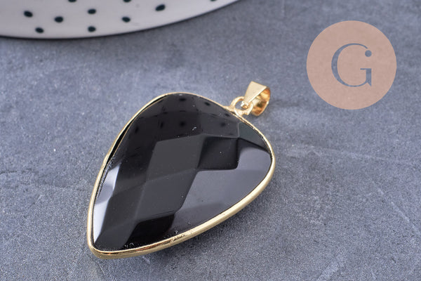 Pendentif ovale agate naturelle noire laiton doré 40mm, x1 (G2517)