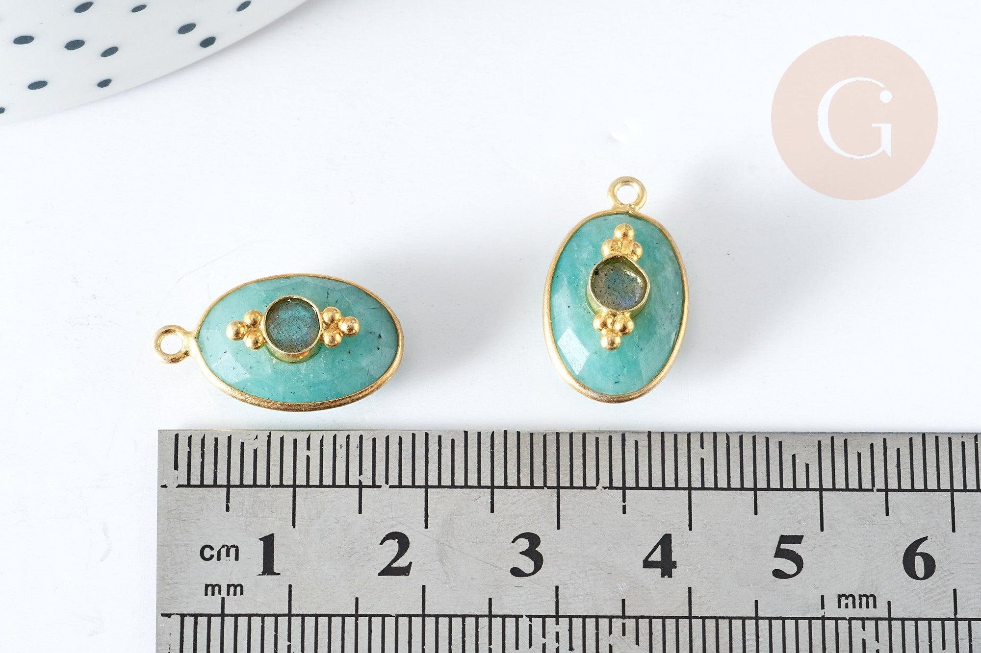 Pendentif ovale amulette amazonite naturelle argent 925 doré 18K 30mm, pendentif pierre naturelle, x1, G7717