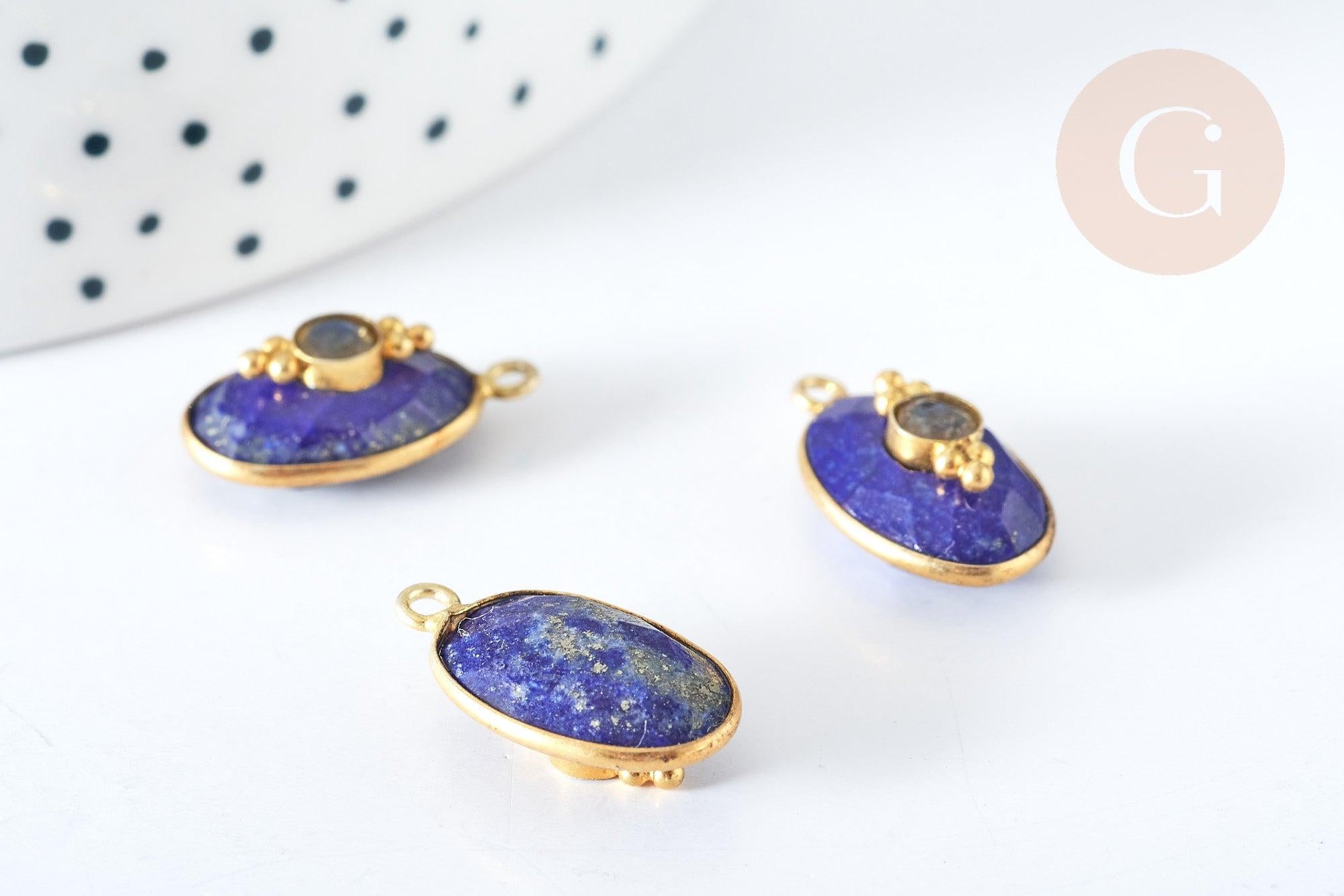 Pendentif ovale amulette lapis lazulis naturelle argent 925 doré 18K 30mm, pendentif pierre naturelle, x1, G7713