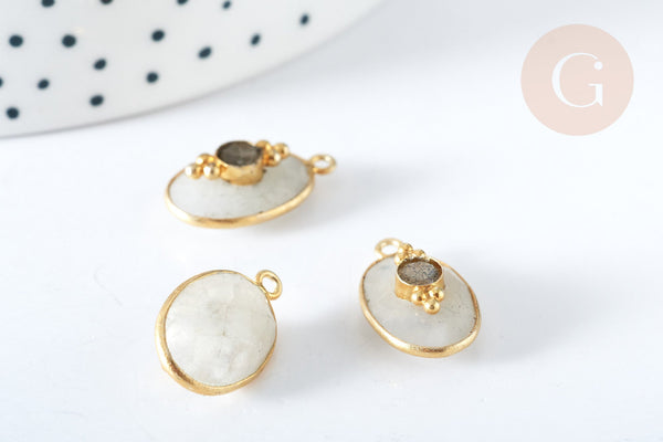 Pendentif ovale amulette pierre de lune naturelle argent 925 doré 18K 30mm, x1 (G7715)