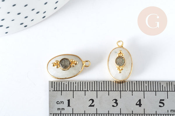 Pendentif ovale amulette pierre de lune naturelle argent 925 doré 18K 30mm, x1 (G7715)