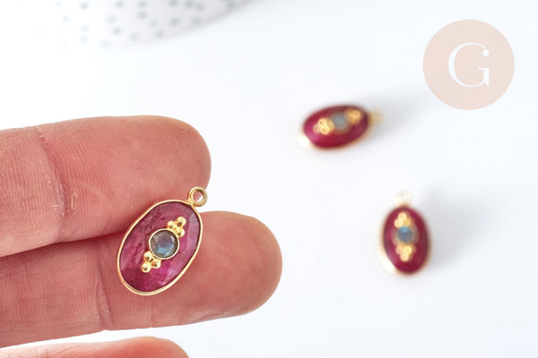 Pendentif ovale amulette rubis naturel argent 925 doré 18K 30mm, pendentif pierre naturelle, x1 G7716