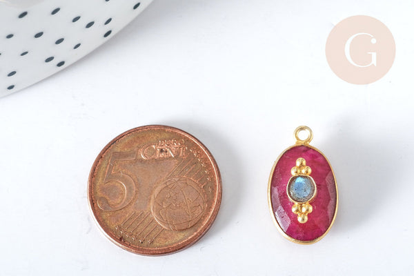 Pendentif ovale amulette rubis naturel argent 925 doré 18K 30mm, pendentif pierre naturelle, x1 G7716