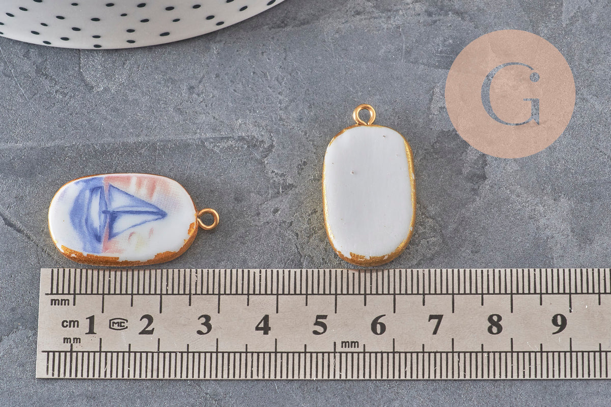 Pendentif ovale céramique acier inoxydable doré PVD 16mm, x1 (G11304)
