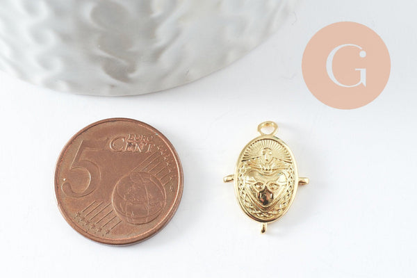 Pendentif ovale coeur ex-voto laiton doré avec 3 anneaux 18mm, x1 (G10017)