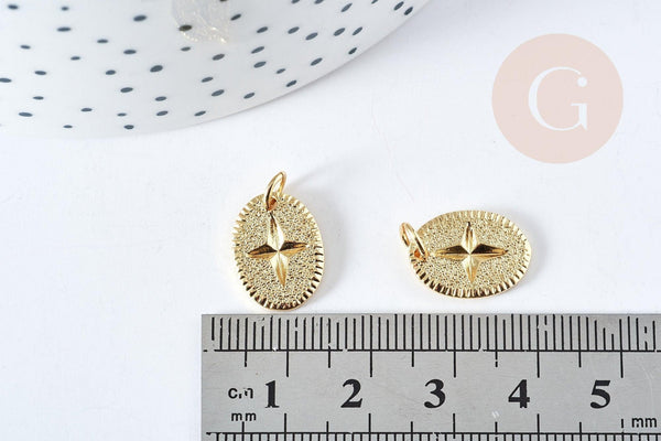 Pendentif ovale étoile doré laiton avec anneau de jonction 18.5mm, pendentif doré pour création bijoux DIY, x1 G8864