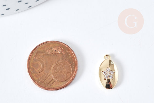 Pendentif ovale fleur laiton doré 14K cristal zircon blanc 14.5mm, pendentif doré création bijou, x1 (G8585)