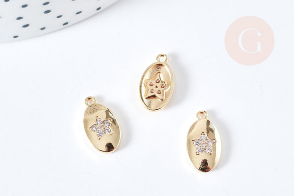 Pendentif ovale fleur laiton doré 14K cristal zircon blanc 14.5mm, pendentif doré création bijou, x1 (G8585)