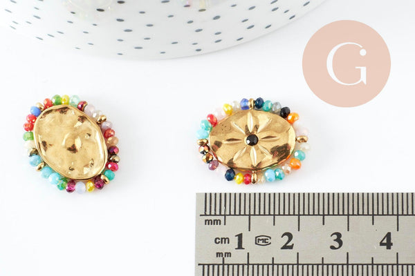 Pendentif ovale fleurs et perles acier 304 inoxydable doré 23mm, x1 G9404