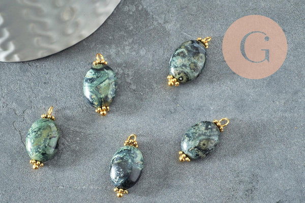 Pendentif ovale jaspe kambaba vert et laiton doré 19mm,pendentif création bijoux pierre naturelle, x1 G5756