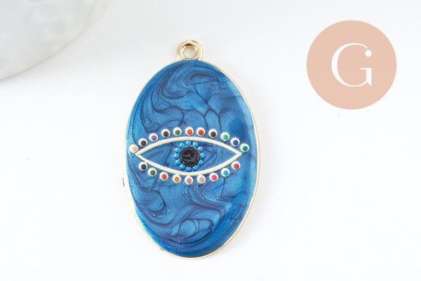 Pendentif ovale oeil protecteur émail bleu foncé zamac doré 39mm, x1 (G5930)