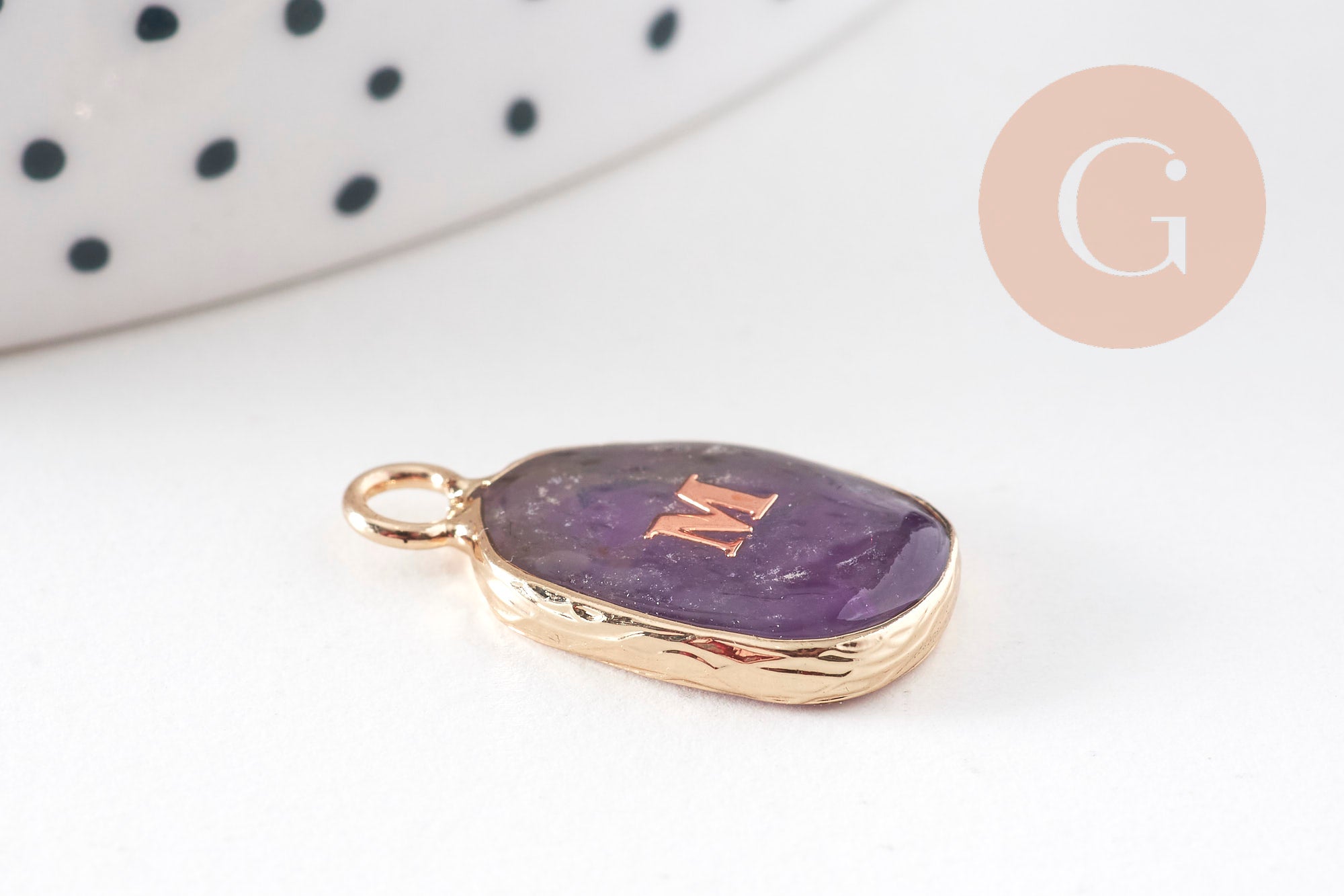 Pendentif ovale pierre naturelle Initiale 20mm, x1 (G10945)