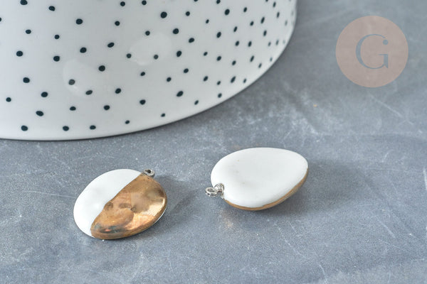 Pendentif ovale porcelaine blanc doré laiton plastine mm, pendentif pour fabrication bijoux, x1 G8039