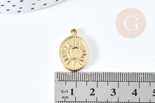 Pendentif ovale soleil acier inoxydable 304 doré IP 22mm, x1 (G8738)