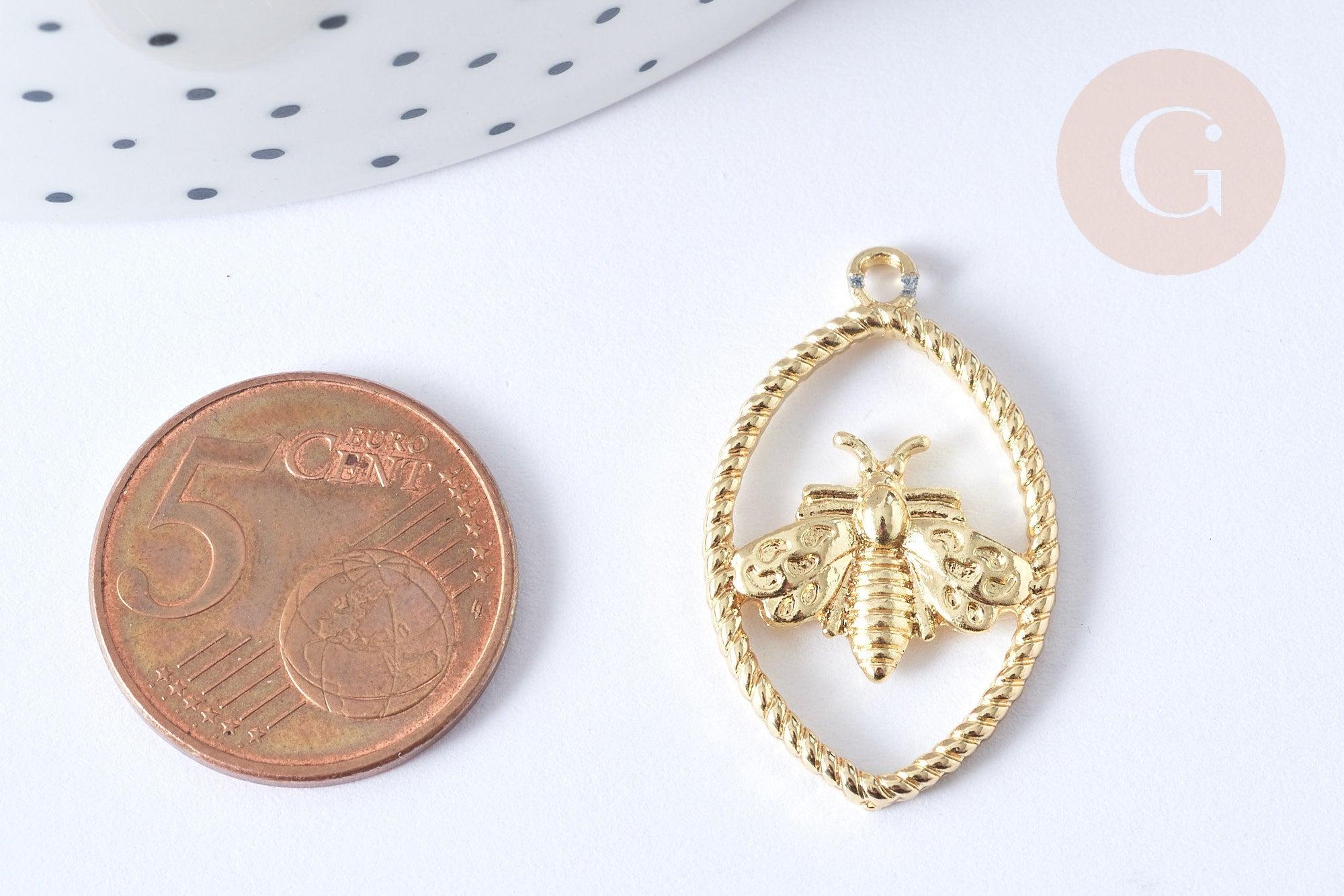 Pendentif ovale torsadé abeille zamac doré 28.5mm, pendentif création bijoux doré, x1 G7752