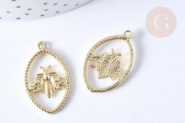 Pendentif ovale torsadé abeille zamac doré 28.5mm, pendentif création bijoux doré, x1 G7752