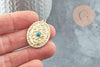 Pendentif ovale zamac doré 16K gravé turquoise de synthèse,sans nickel,creation bijoux inspiration indienne, 31.5mm, x1 (G4526)