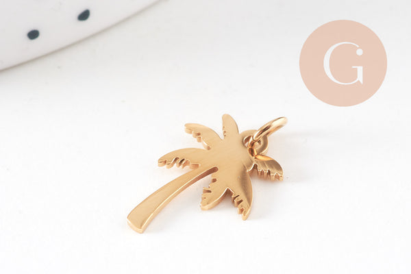 Pendentif palmier acier 304 inoxydable doré IP 17mm, x1 (G10833)