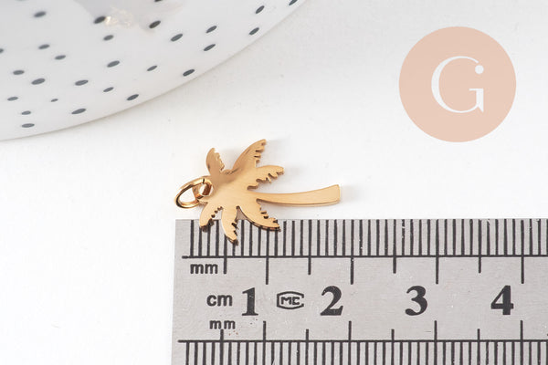 Pendentif palmier acier 304 inoxydable doré IP 17mm, x1 (G10833)