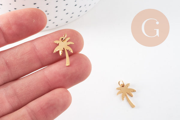 Pendentif palmier acier 304 inoxydable doré IP 17mm, x1 (G10833)