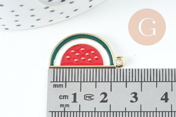 Pendentif pastèque zamac doré émaillé 26mm, x5 (G2467)