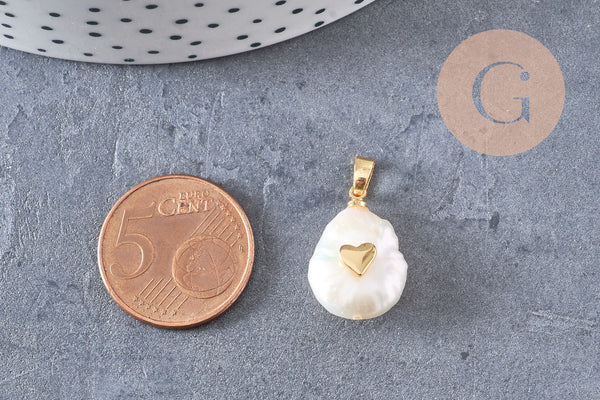Pendentif perle naturelle Keshi coeur dorée,porte bonheur,perle eau douce,création bijou,perle naturelle blanche,17-27mm, x1 (G3091)