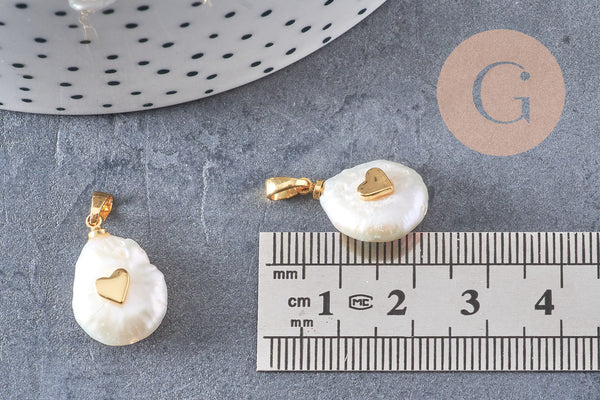 Pendentif perle naturelle Keshi coeur dorée,porte bonheur,perle eau douce,création bijou,perle naturelle blanche,17-27mm, x1 (G3091)