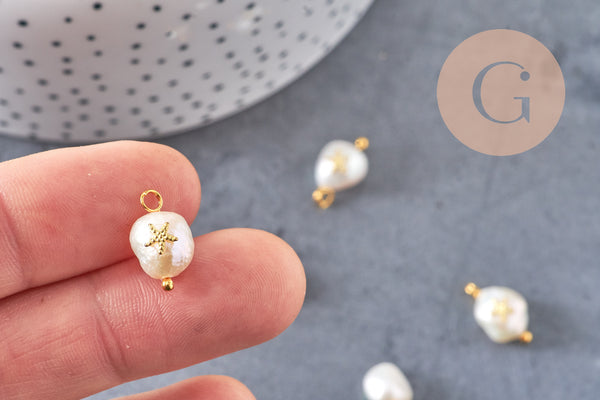 Pendentif perle naturelle Keshi étoile de mer doré 13-16mm,porte bonheur,perle eau douce,perle naturelle blanche, x1 (G6231)