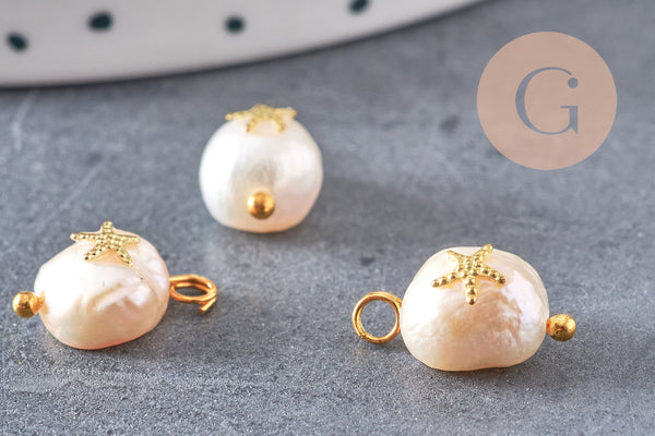 Pendentif perle naturelle Keshi étoile de mer doré 13-16mm,porte bonheur,perle eau douce,perle naturelle blanche, x1 (G6231)