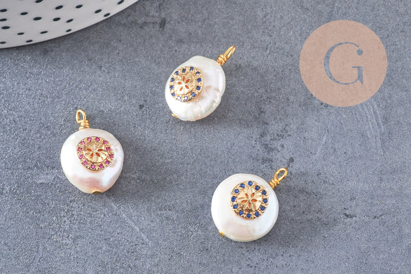 Pendentif perle naturelle Keshi zircons,porte bonheur,perle eau douce,création bijou,perle naturelle blanche,17-27mm, x1 (G3248)