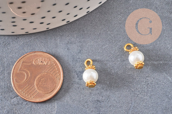 Pendentif perle ronde verre blanc nacré laiton doré 12,5mm, perle création bijoux imitation perle , x10 G7137