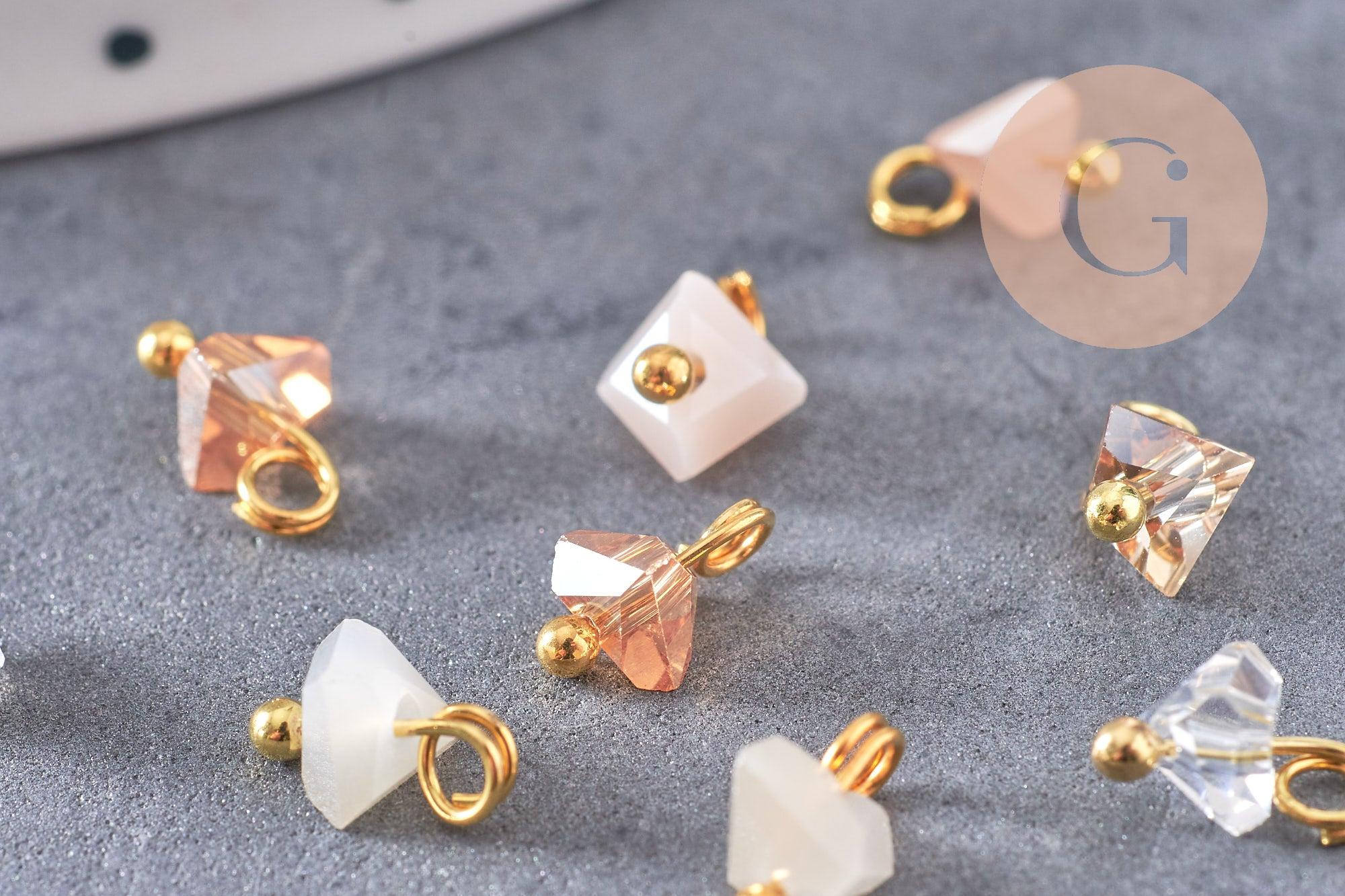 Pendentif perle triangle doré carats cristal beige 8mm,pendentif cristal, pendentif doré cristal, x10 (G6239)