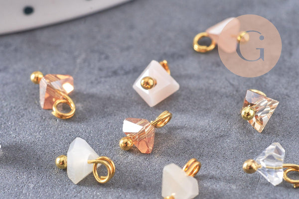 Pendentif perle triangle doré carats cristal beige 8mm,pendentif cristal, pendentif doré cristal, x10 (G6239)