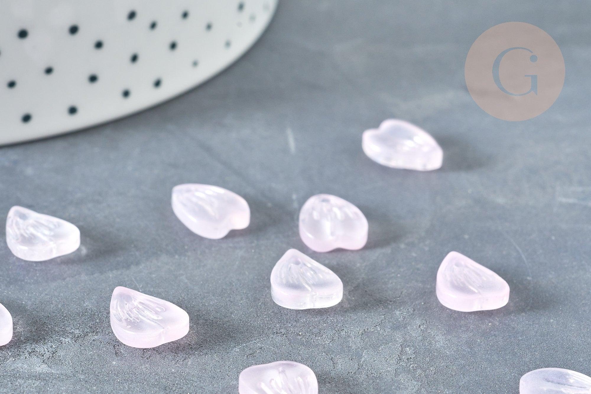 Pendentif pétale verre rose clair 12mm, perles verre tchèque, perle végétal, x10 (G8252)