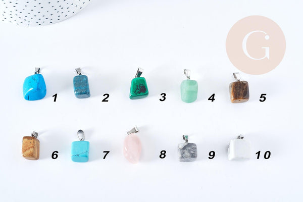 Pendentif pierre roulée naturelle ou de synthèse acier 304 inoxydable platine 15-35mm, x1 (G8379)