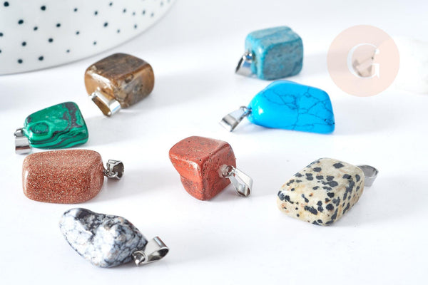 Pendentif pierre roulée naturelle ou de synthèse acier 304 inoxydable platine 15-35mm, x1 (G8379)