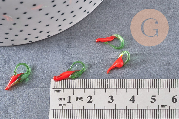 Pendentif piment rouge,perle verre tchèque,piment verre,pendentif verre,verre artisanal,pendentif chance,25mm, x 10 G1942