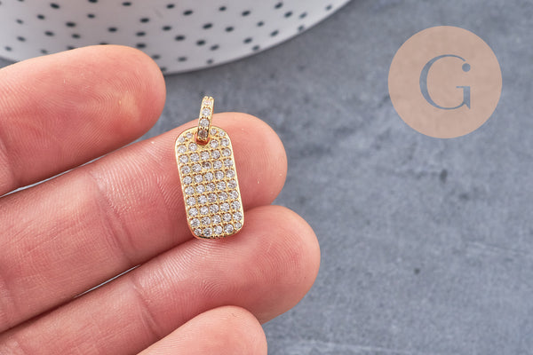 Pendentif plaque laiton doré 18k cristal zircon,17.5mm, x1 (G5245)