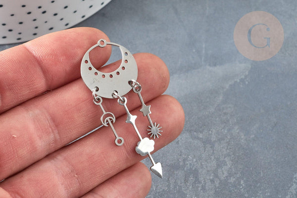 Pendentif pluie lunes et étoiles acier inoxydable 201 argenté 55mm, x1 (G7389)