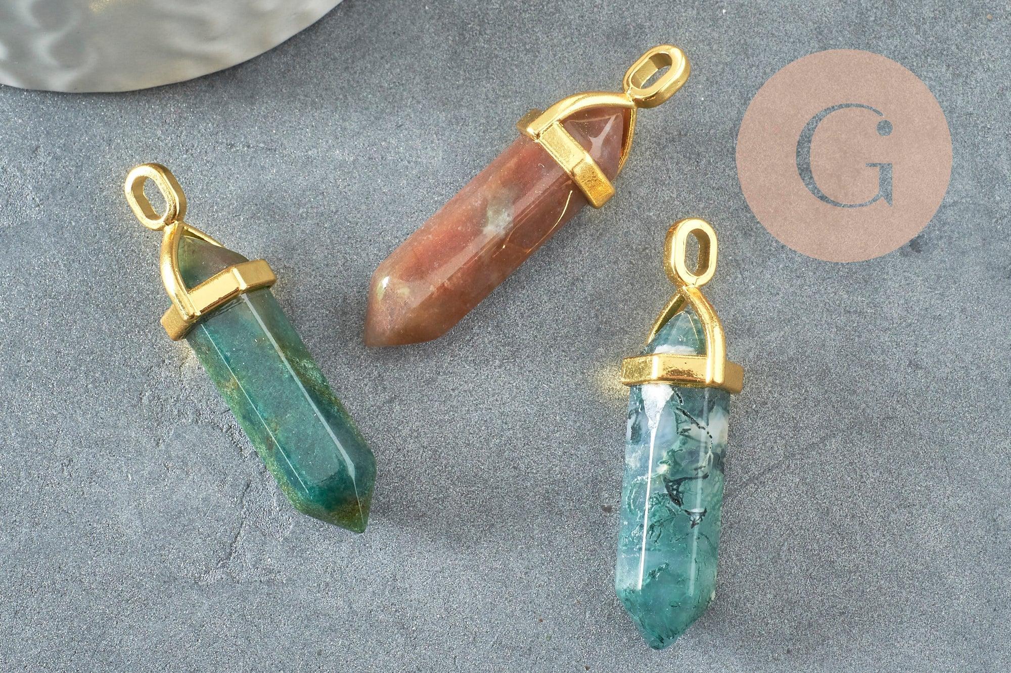 Pendentif pointe agate indienne naturelle zamac doré 37-40mm,pendentif bijoux pierre naturelle, x1 G3250